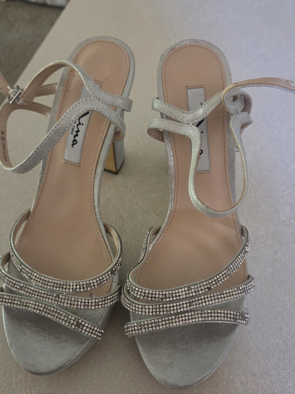 Nina Shoes Silver Crystal-Strap Block Heels